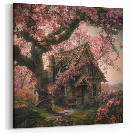 Whimsical Stone Cottage Wall Art with Blossoming Tree – Rustic Decor