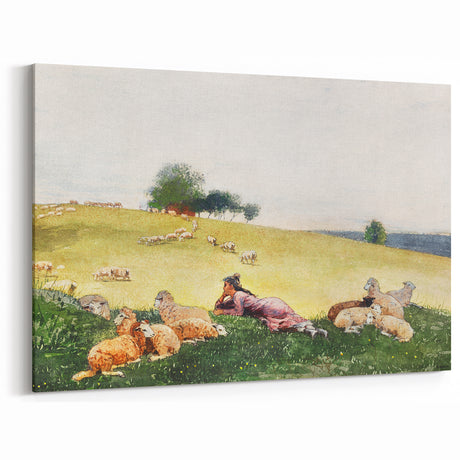 Realism Art Print - Shepherdess in Pasture by Winslow Homer, Fine Art Canvas