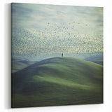 Country Life Art - Birds in Flight Over Serene Green Hill Landscape