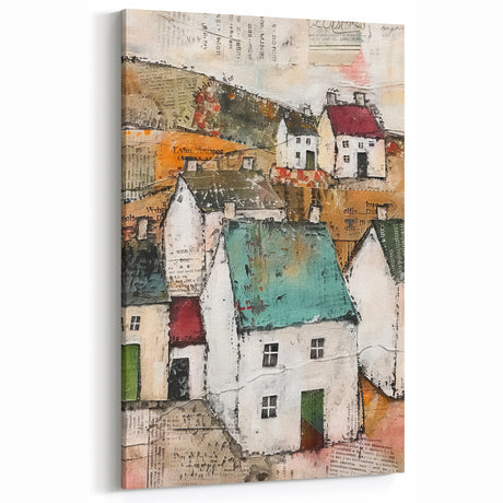 Rustic Village Abstract Architecture Art - Multicolor Cottage Print