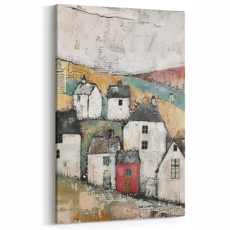 Rustic Village Abstract Architecture Art - Colorful Cottage Scene Print