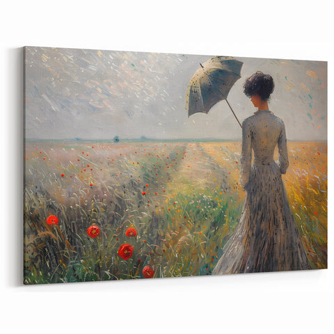 Serene Field Scene Art - Woman with Umbrella in Poppy Field Landscape