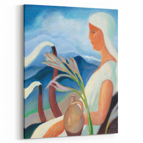 Contemporary Girl in White – Modern Art Print with Flowers & Mountains