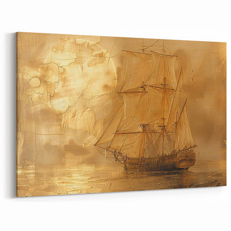 Classic Nautical Canvas - Golden Ship on Textured Sea Vintage Wall Art
