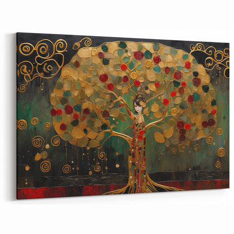 Elegant Tree of Life Abstract Art - Gold and Green Ornate Canvas Print