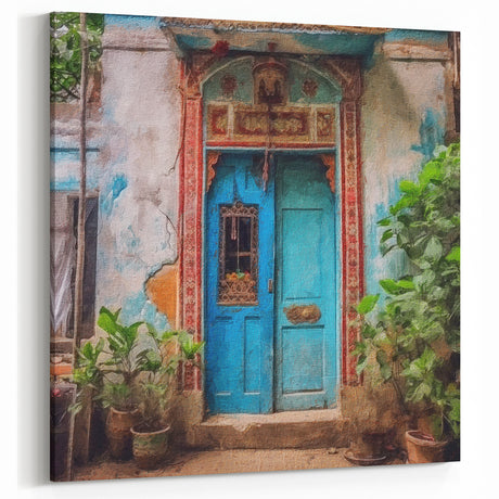 Blue Indian Door Canvas Art – Rustic Heritage Decor