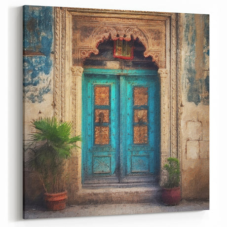 Traditional Blue Indian Door Canvas Art – Rustic Heritage Decor