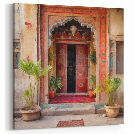 Rustic Red Indian Door Canvas Art – Heritage and Botanical Decor