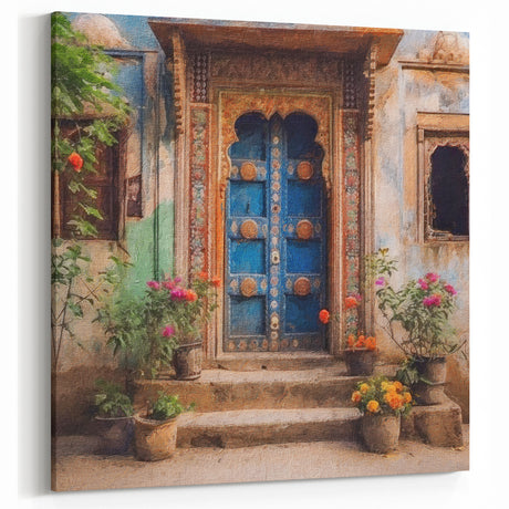 Vibrant Blue Indian Door Canvas Art – Heritage Floral Decor