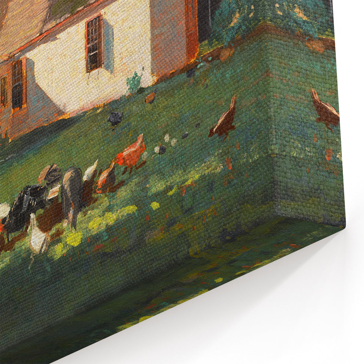 Realism Art Prints - Farmyard Scene with Woman Feeding Birds on Canvas