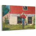 Realism Art Prints - Garden Scene with Farmer and Red House on Canvas