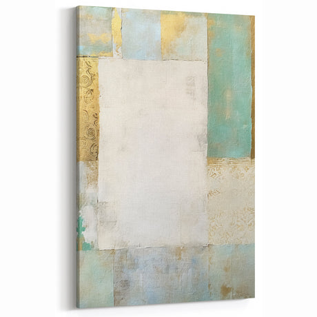 Elegant Patchwork Abstract Art - White, Gold, and Teal Canvas Print