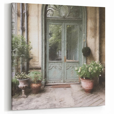 Vintage Green French Door Canvas - Parisian Floral Wall Art Print