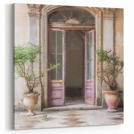 Open Pink French Door Canvas - Vintage Parisian Doorway Art Print