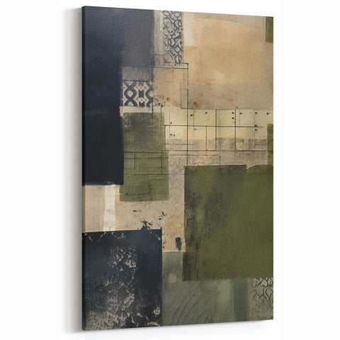 Geometric Abstract Line Art - Dark Green and Beige Canvas Print