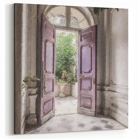 Open Lavender French Door Canvas - Vintage Parisian Courtyard Art