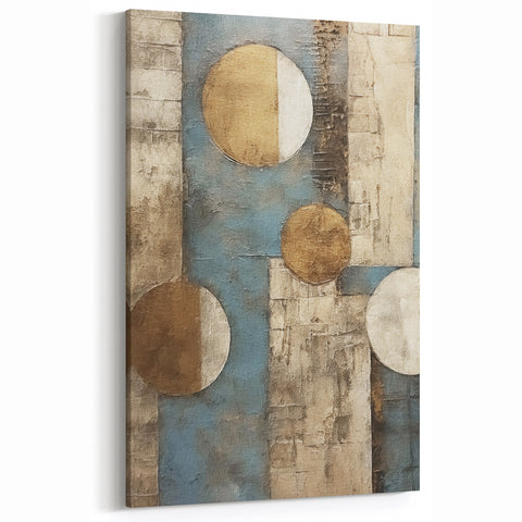 Geometric Abstract Line Art - Blue, Gold, and Beige Canvas Print