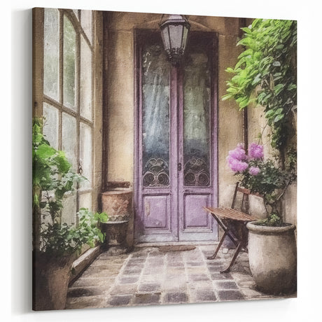 Lilac French Door Wall Art - Vintage Parisian Balcony Canvas Decor