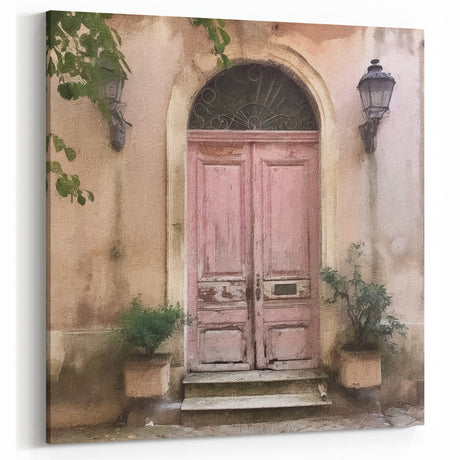 Rustic Pink Door Wall Art - Vintage Parisian Entryway Canvas Print