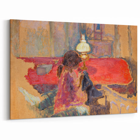 Intimate Realism Art Print of Woman by Lamp in Cozy Interior Setting