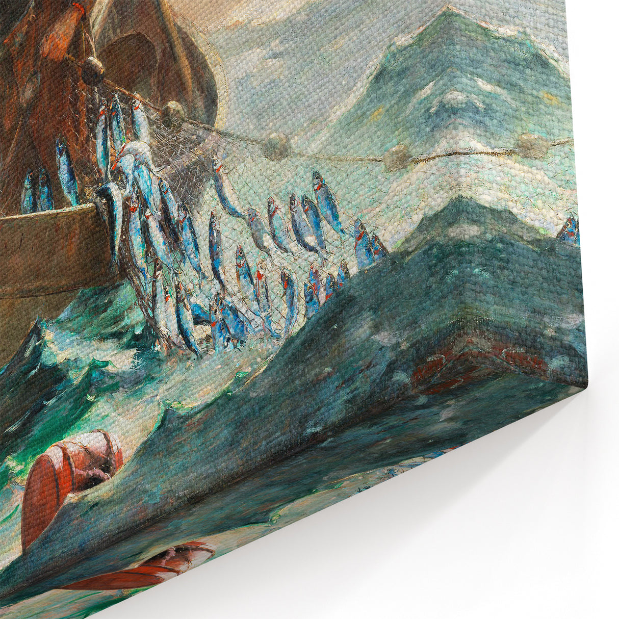 Dynamic Realism Art Print of Fishermen at Sea with Herring Net Catch