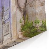 Aegean Door Painting - Blue Double Door with Blooming Pink Flowers