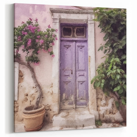 Vintage Greek Door Poster - Lavender Door with Floral Accents and Stone