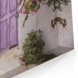 Pastel Greek Door Print - Lavender Door with Pink Flowers and Chair