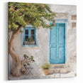 Turquoise Greek Door Print - Blue Door with Tree and Whitewashed Wall