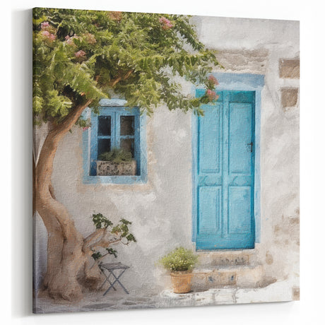 Turquoise Greek Door Print - Blue Door with Tree and Whitewashed Wall