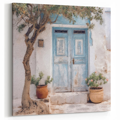 Rustic Blue Double Door Art - Greek Village Scene with Terracotta Pots
