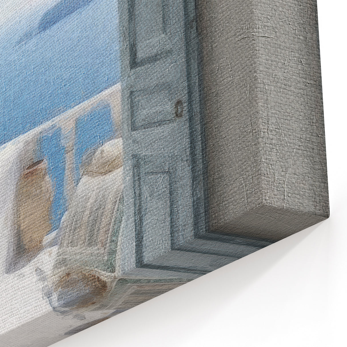 Arched Blue Door Art - Greek Terrace with Sea View and Sunlit Scene