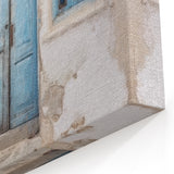 Weathered Blue Door Art - Greek Village Scene with Potted Plants