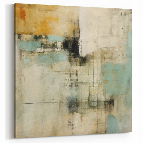 Geometric Line Art - Teal and Beige Abstract with Black Accents