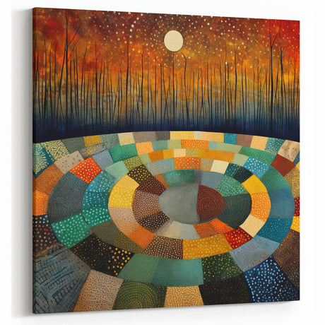 Abstract Patchwork Landscape Art - Colorful Circles and Forest Print