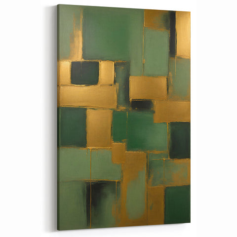 Geometric Line Art - Green and Gold Abstract Strokes Canvas