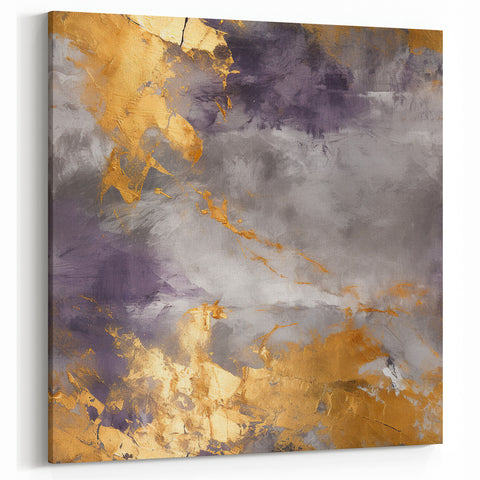 Abstract Brush Strokes - Gray, Gold, and Purple Metallic Canvas Art