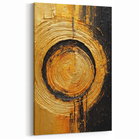 Circular Gold and Black Abstract Line Art - Modern Textured Canvas