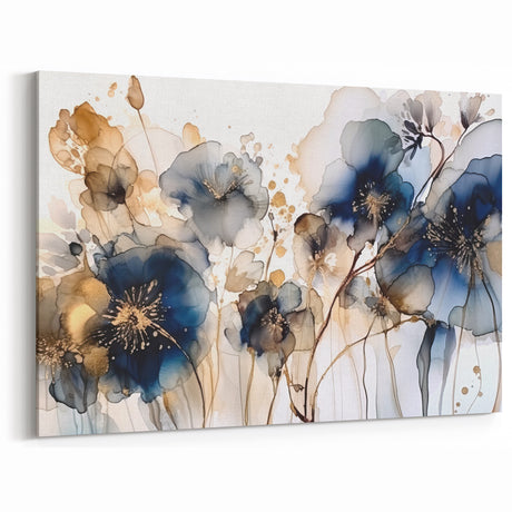 Colorful Abstract Florals - Navy and Gold Floral Art Print
