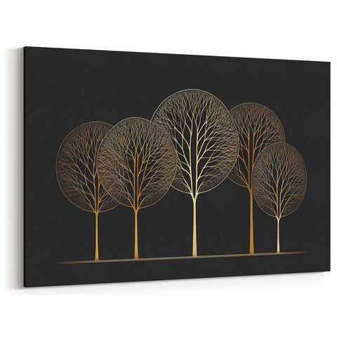 Abstract Botanical Prints - Golden Trees on Black Canvas