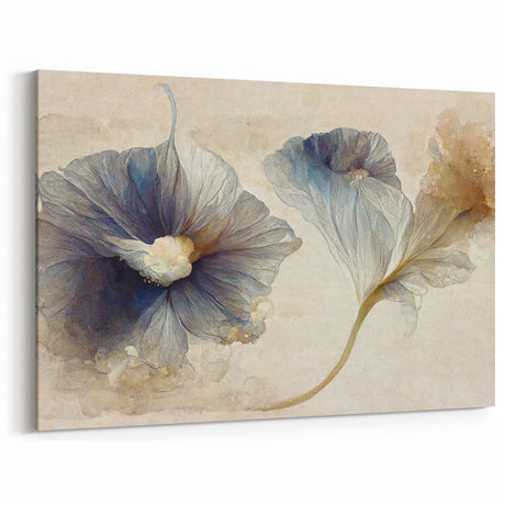 Floral Abstract Canvas Art- Vintage Blue Petals and Beige Tones Art