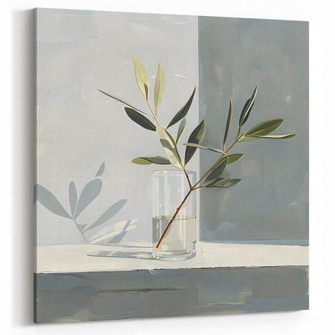 Floral Abstract Canvas Art - Olive Green Leaves in Glass on Gray
