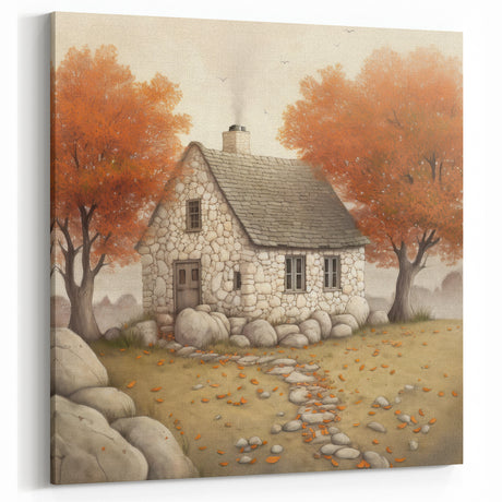 Autumn Cottage Wall Art - Cozy Stone House with Fall Foliage Decor