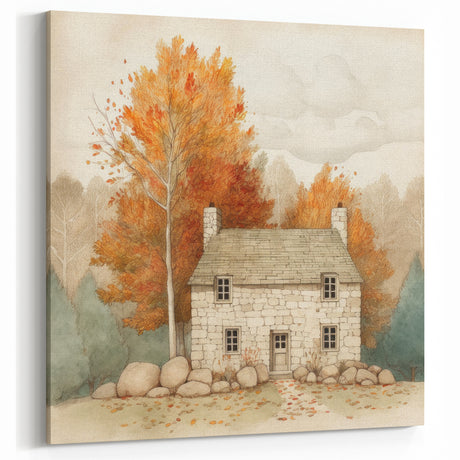 Charming Cottage Autumn Wall Art - Soft Beige and Orange Decor