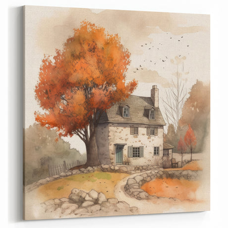 Autumn Cottage Wall Art - Cozy Fall Decor with Rustic Landscape