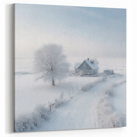 Winter Cottage Serenity Wall Art - Snowy Scene with Frosty Tree