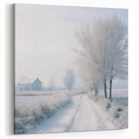 Winter Path Frosted Trees Wall Art - Snowy Road with Cottage Print
