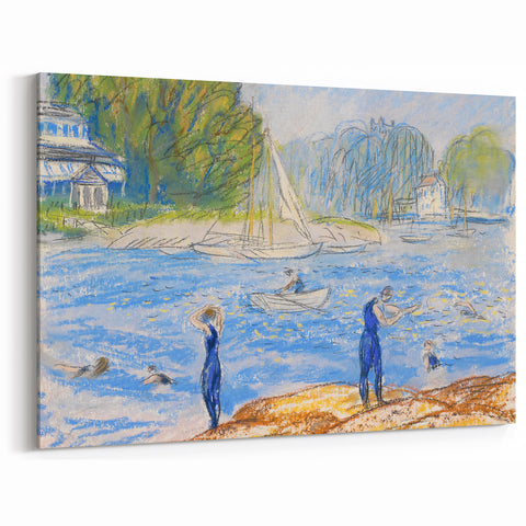Modern Wall Art - Sunny Riverside Scene with Bathers | Serene Summer Decor