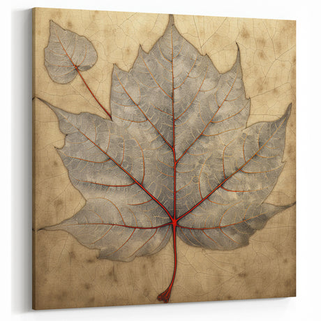 Vintage Gray Leaf Art Print - Elegant Botanical Wall Decor with Red Stem
