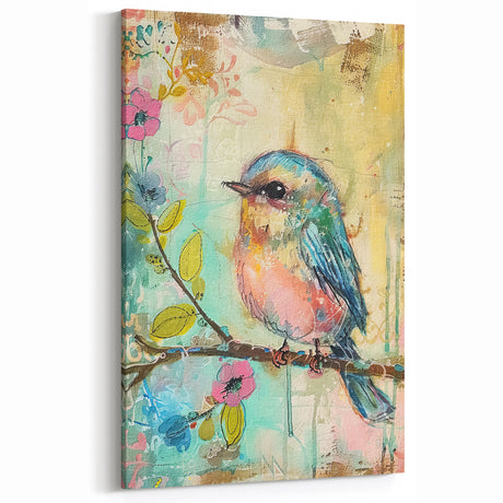 Colorful Bird with Floral Accents - Wildlife Canvas Wall Art for Home